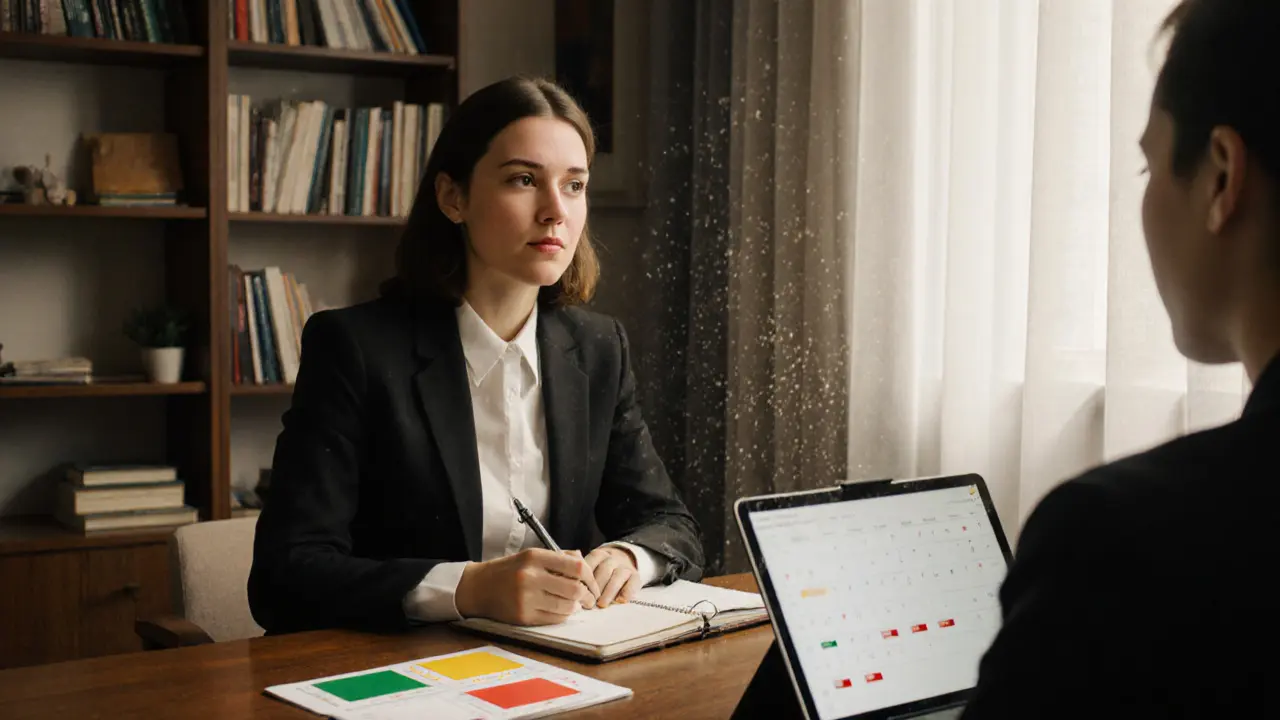 A compassionate woman listening intently to a client in a cozy apartment, with a color-coded consent card on the table.