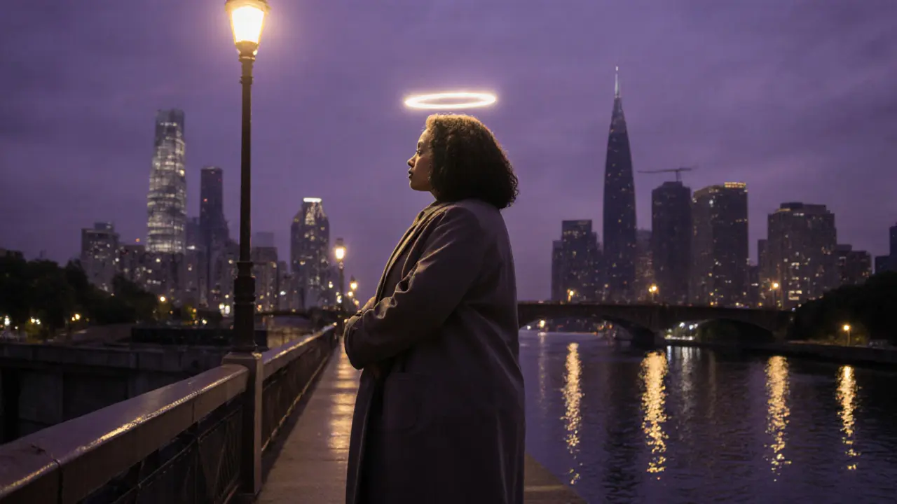 A confident curvy woman stands alone on a bridge at dusk, overlooking city lights.