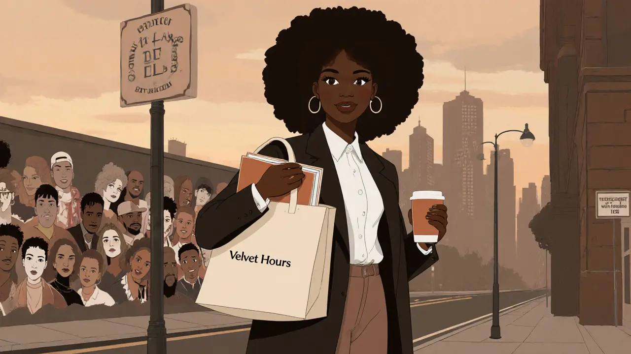 A confident ebony professional standing on a Bristol street at dusk, holding coffee and a book, embodying independent companionship.