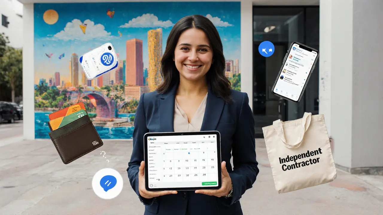 A confident Latina professional stands outside a Miami office building, symbolizing independence and business success.