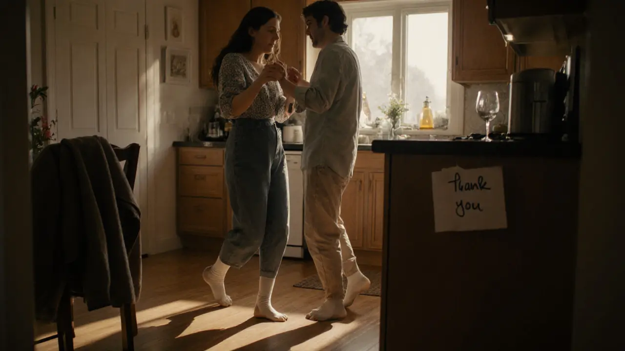 A couple dances barefoot in their kitchen at dawn, laughing together after a transformative experience that brought them closer.