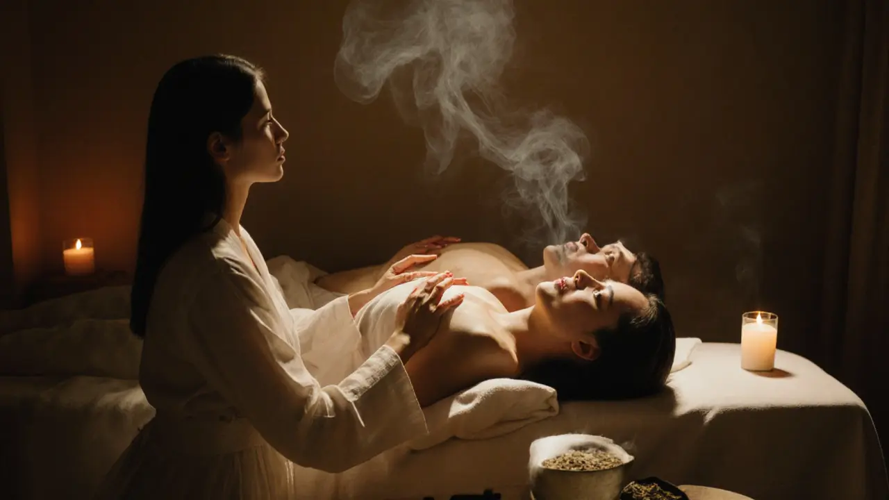 A couple receives gentle guided touch on a massage table, surrounded by calm lighting and incense, focusing on shared breathing and presence.