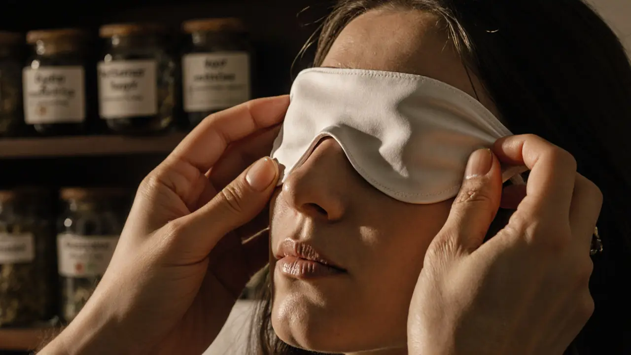 A dominant escort gently places a blindfold over a client&#039;s eyes, conveying trust and tender control in a ritualistic moment.