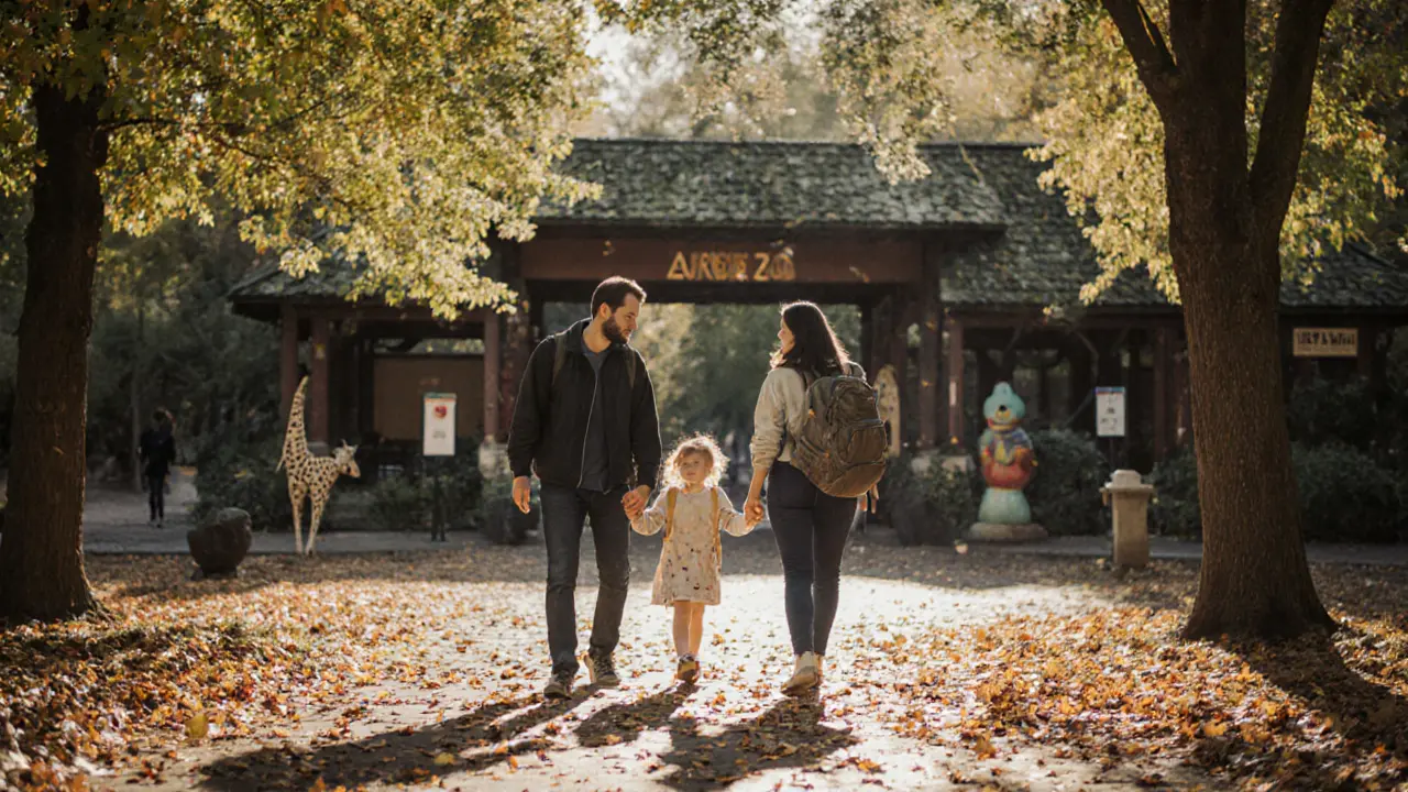 A father, daughter, and companion walking together toward a zoo on a autumn morning.