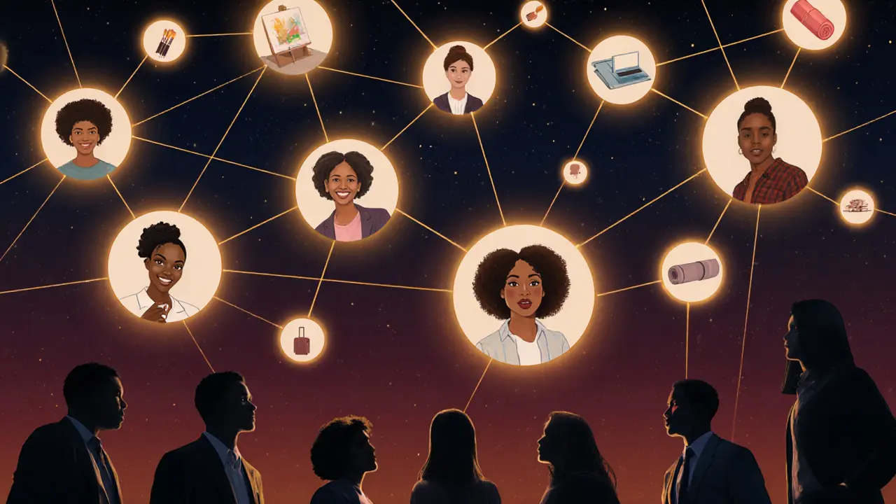A glowing constellation of diverse ebony women surrounded by symbols of their lives, connected to respectful clients below.