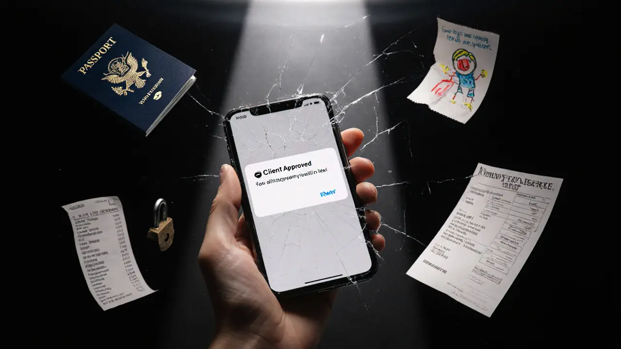 A hand holds a phone with client notification, surrounded by fragments of her life floating in darkness.