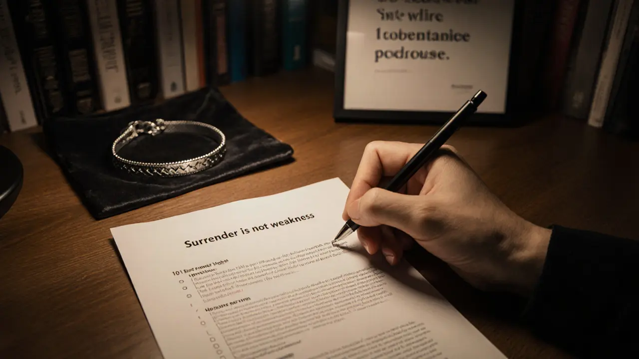 A hand signing a detailed contract with a silver collar beside it, emphasizing professionalism and boundaries.