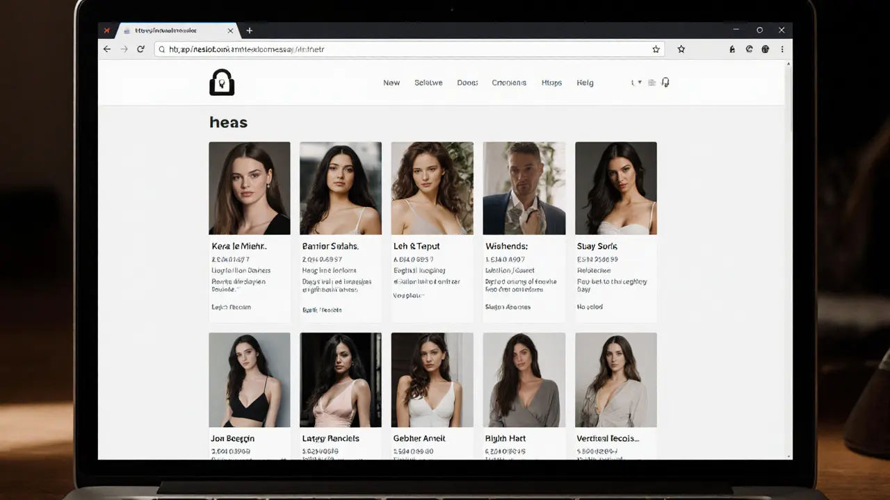 A laptop screen displaying a simple, curated escort profile page with real photos and HTTPS security indicator.