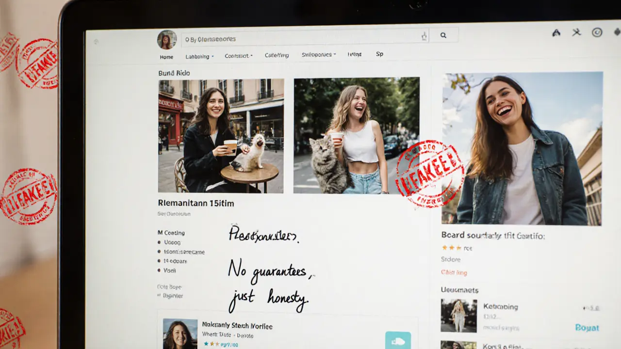 A laptop screen showing a genuine escort profile with personal photos and handwritten note.