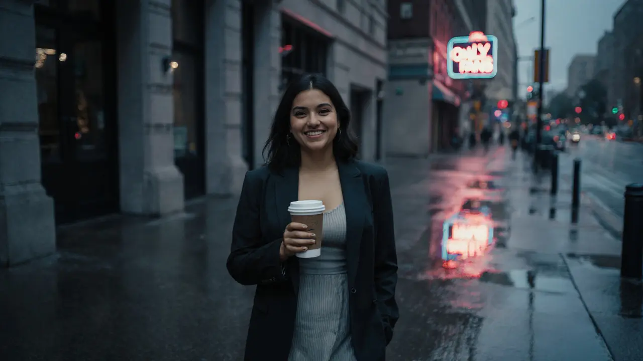 A Latina woman walking confidently at dusk, neon reflection in a puddle, embodying quiet autonomy and dignity.