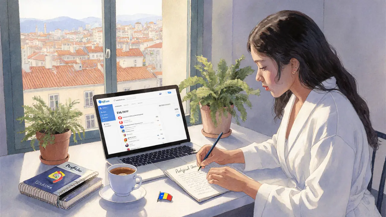 A Latina woman writes a personal letter at dawn in a Lisbon apartment, surrounded by symbols of her creative entrepreneurship.