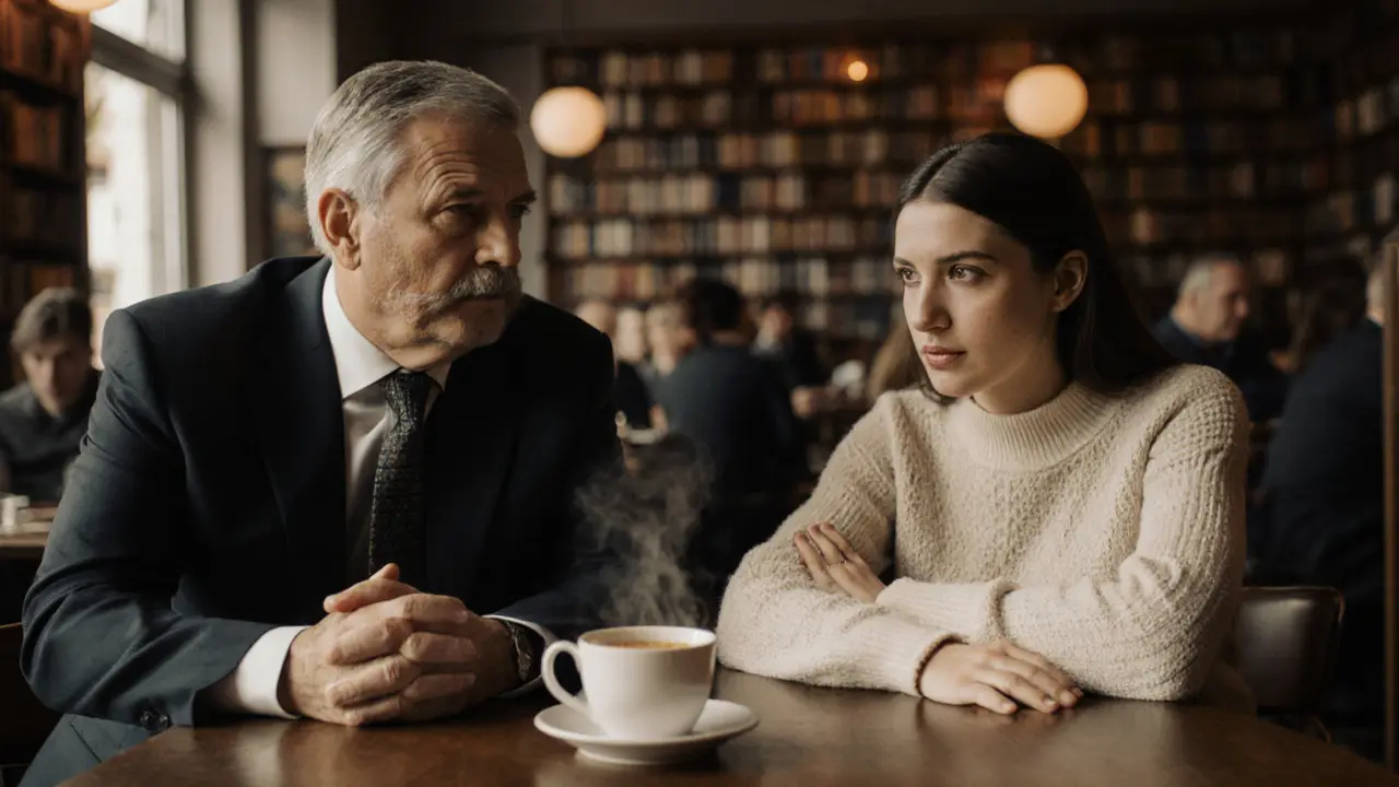 A man and a compassionate escort in a cozy café, sharing a moment of emotional relief.
