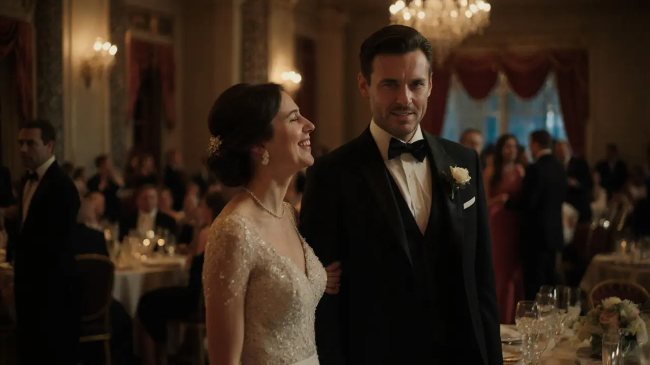 A man and his hired companion enjoy a wedding reception together, appearing confident and at ease among guests.