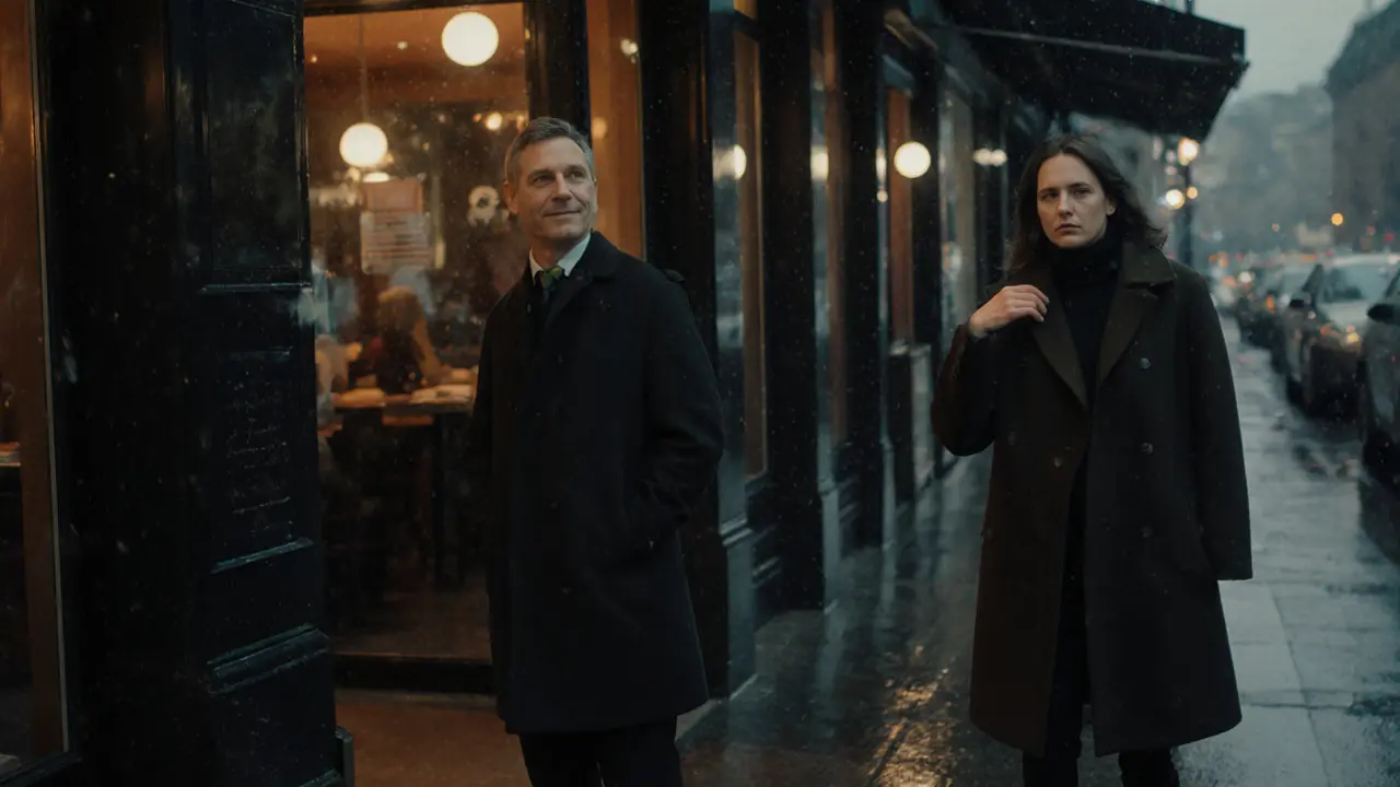 A man and woman exchanging a quiet, respectful farewell at a café entrance in the evening.