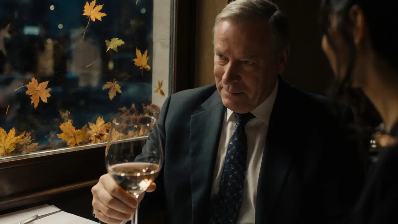 A man at a fine dining restaurant, smiling softly as his escort refills his wine glass in quiet support.