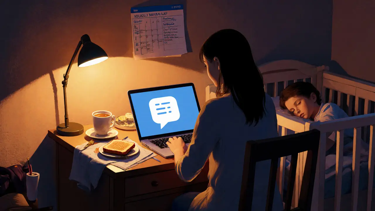 A mother works on her laptop at the kitchen table while her child sleeps in a cot nearby.