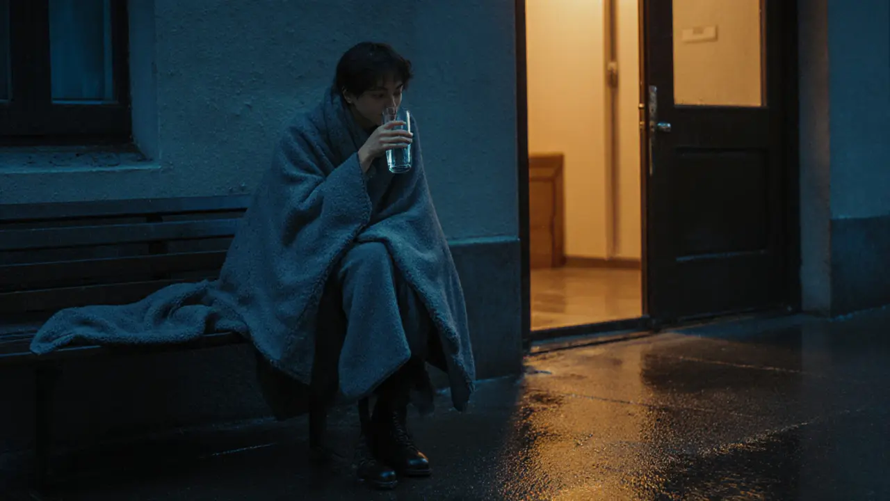 A person wrapped in a blanket outside an apartment, smiling peacefully after a session, rain glistening on the ground.