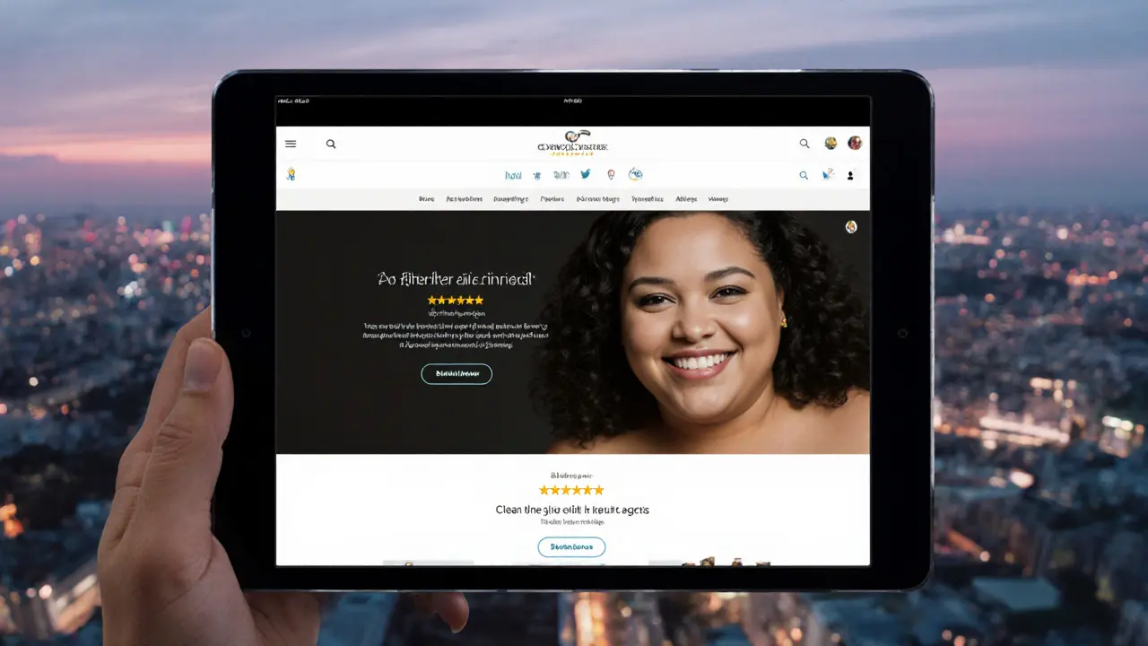 A personalized escort profile page on a tablet showing unfiltered photos and glowing reviews.