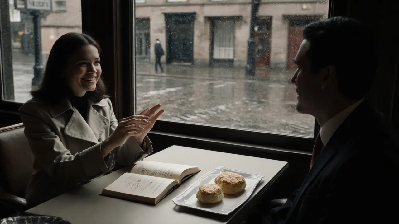 A PSE escort and a Japanese businessman discussing culture in a quiet Edinburgh club.