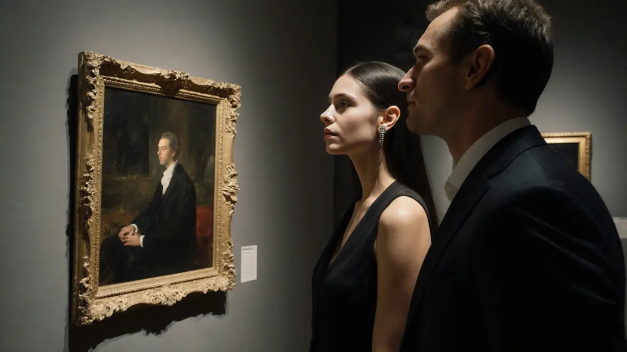 A PSE escort and client observing art at a Zurich auction, exuding quiet professionalism and discretion.