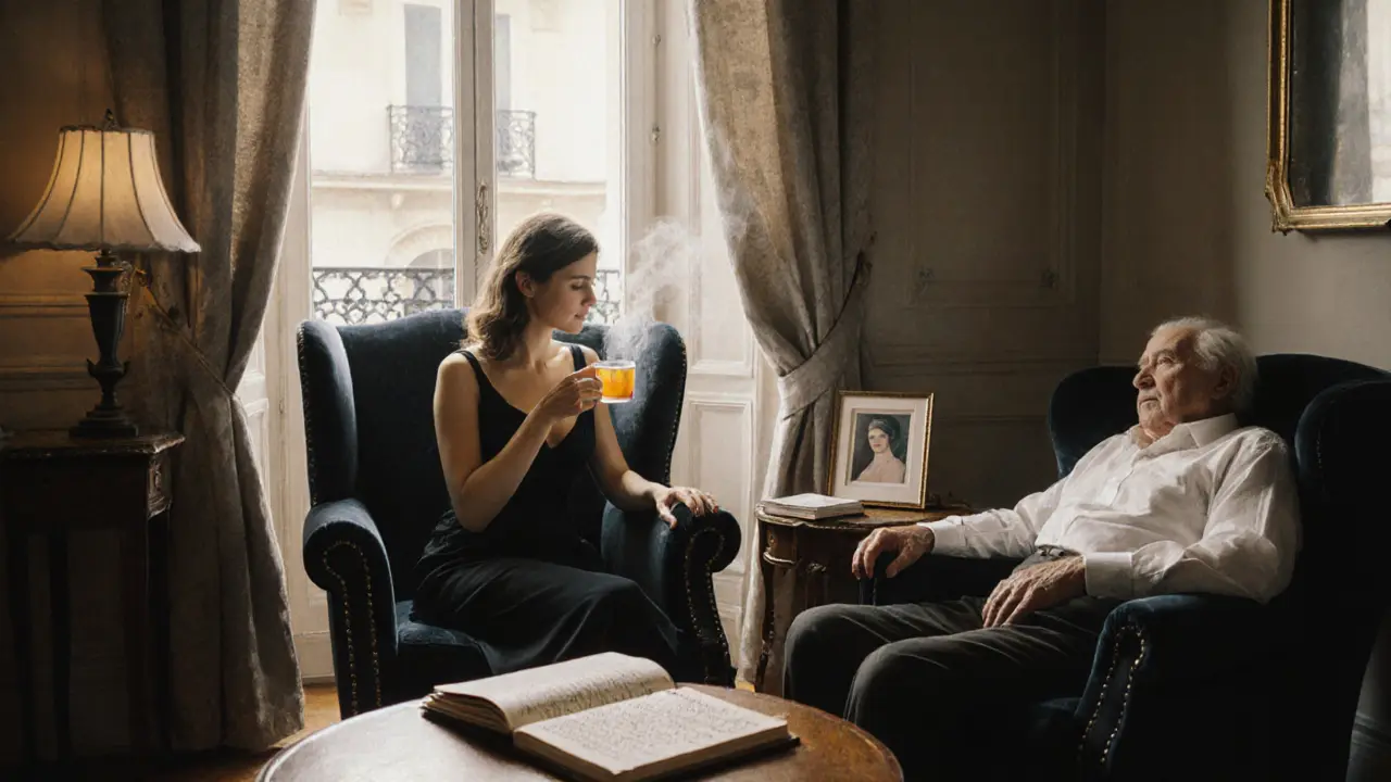 A PSE escort sitting with an elderly client in a Paris apartment, offering calm companionship at dawn.