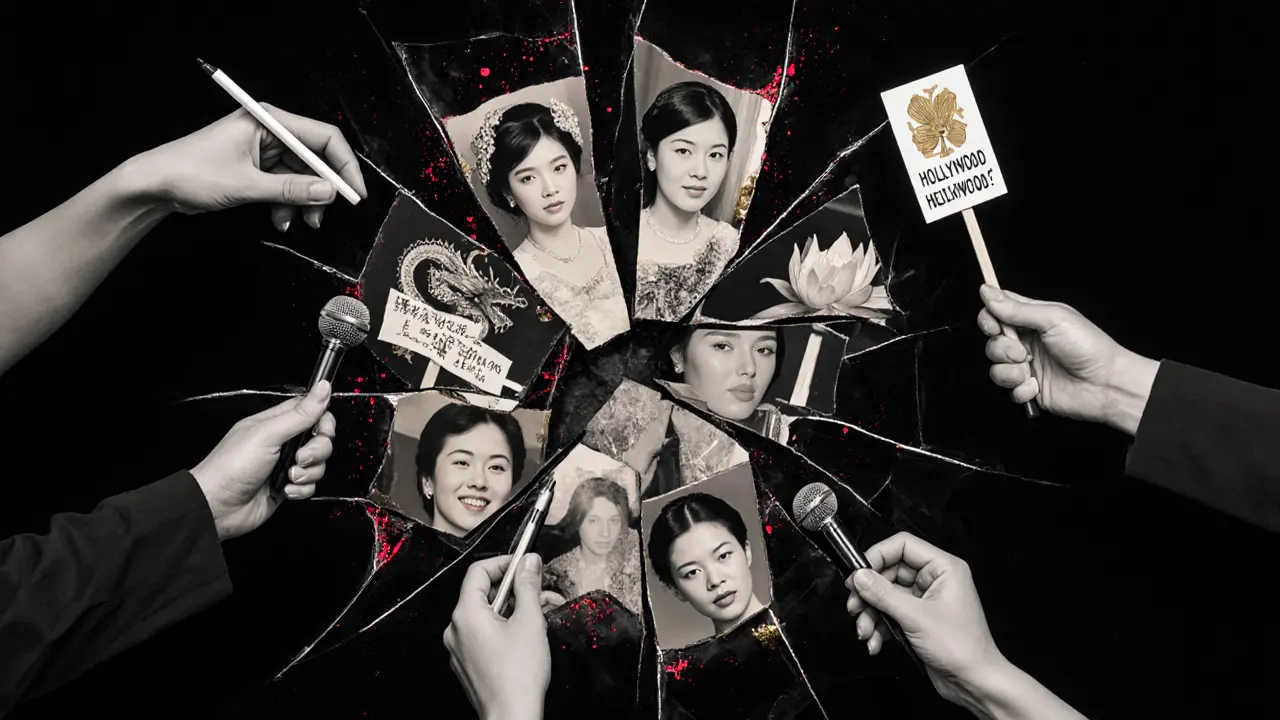 A shattered mirror reflects harmful stereotypes, while real hands hold symbols of resistance and voice.