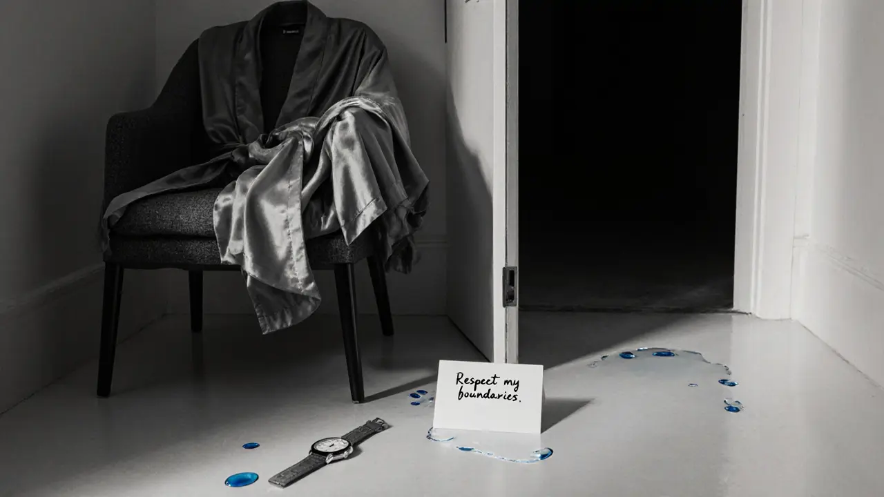 A silk robe and watch beside a note reading &#039;Respect my boundaries,&#039; with a single water droplet.