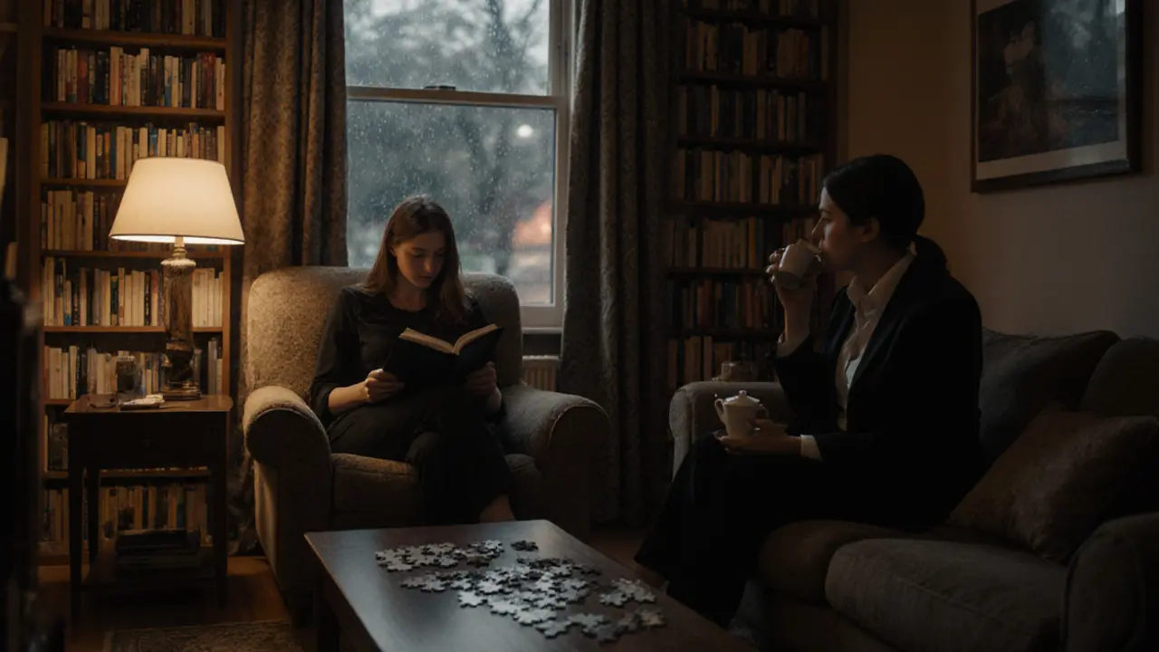 A woman and her professional companion sit together in a warm, book-filled room, sharing a calm moment over tea.