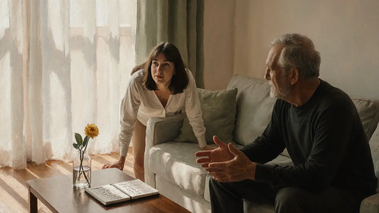 A woman listens intently to a man in a sunlit room, no phones, just calm presence and shared quiet.