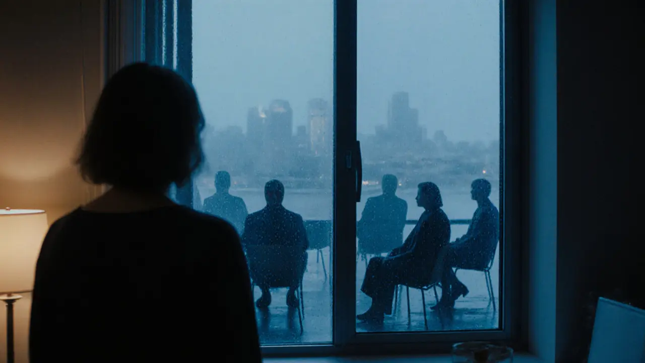 A woman looks out a rainy window, her reflection showing faint silhouettes of past clients she has supported.