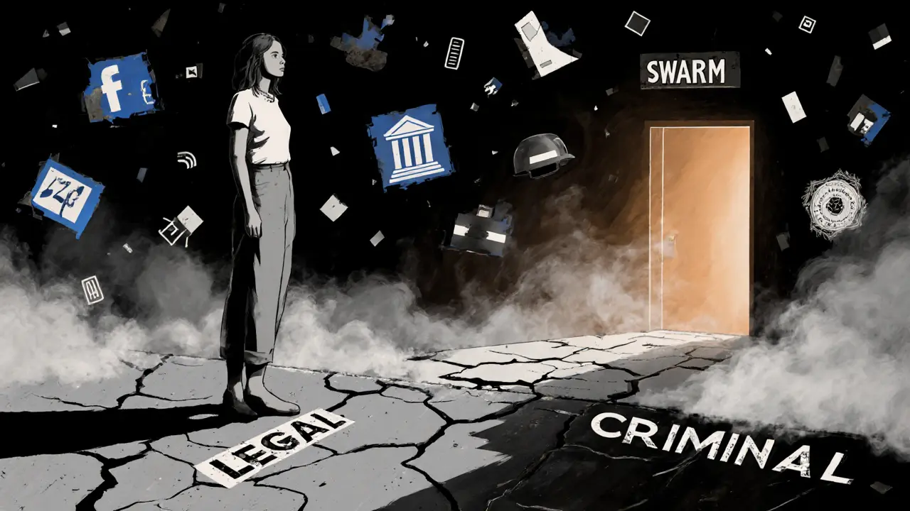 A woman standing at a symbolic boundary between legal and criminal paths, with fading digital and law enforcement imagery.