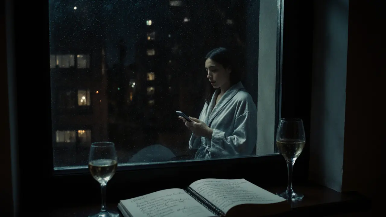 A woman texting by a rainy window, a notebook with personal details and a wine glass beside her in a softly lit apartment.