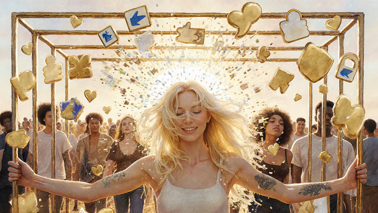 A woman trapped in a cage made of social media icons, her blonde hair turning to pixels as others walk free outside.