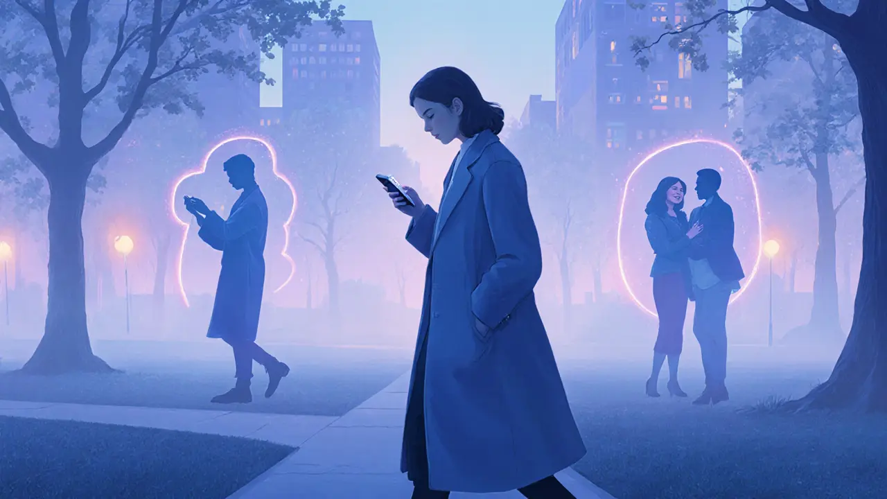 A woman walks through a park at dusk, translucent memories of clients fading around her in the mist.