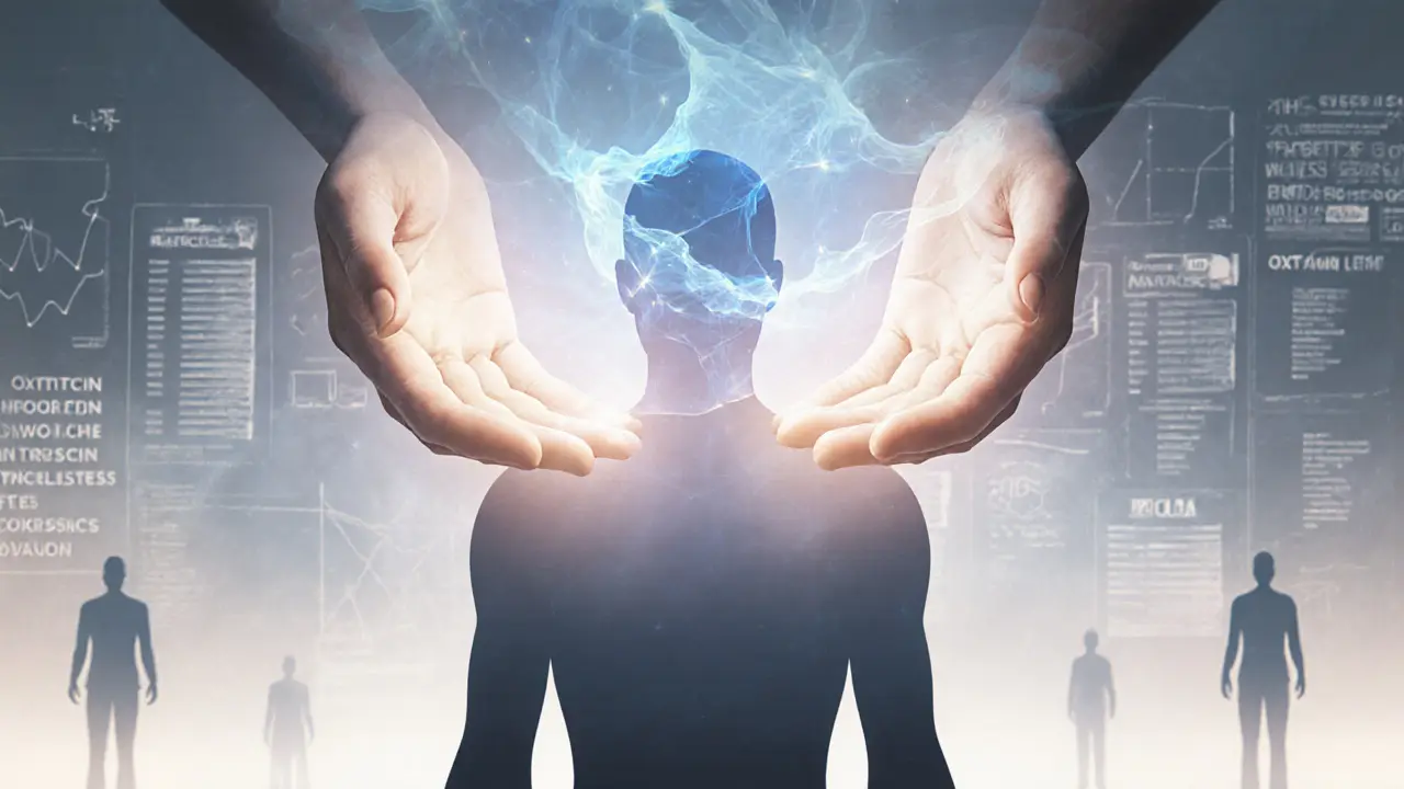 Abstract hands emitting healing energy over a human form, symbolizing the biological impact of therapeutic touch.