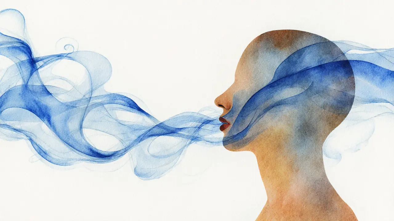 An abstract illustration of energy flowing from lips to body in warm, fluid waves.