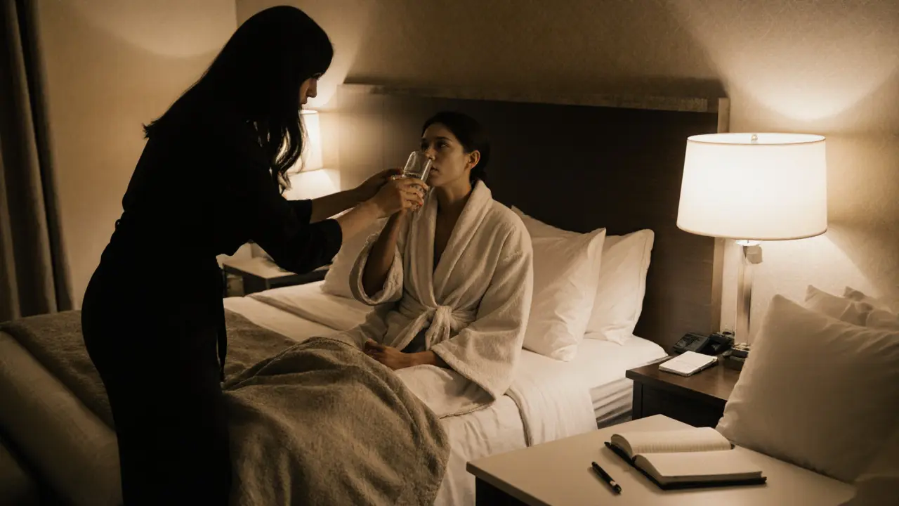 An aftercare moment with a client wrapped in a robe and an escort offering a blanket, emphasizing care and respect.