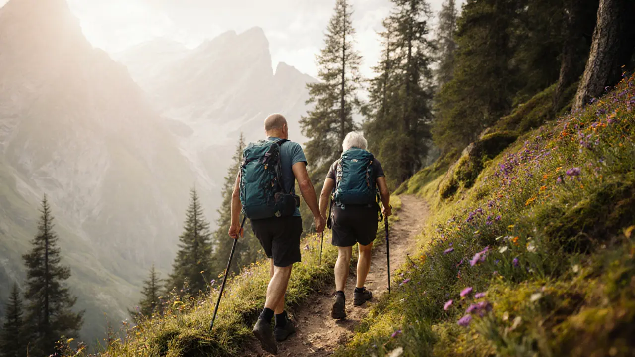 An athletic escort helps an older client ascend a misty mountain trail, surrounded by trees and wildflowers.