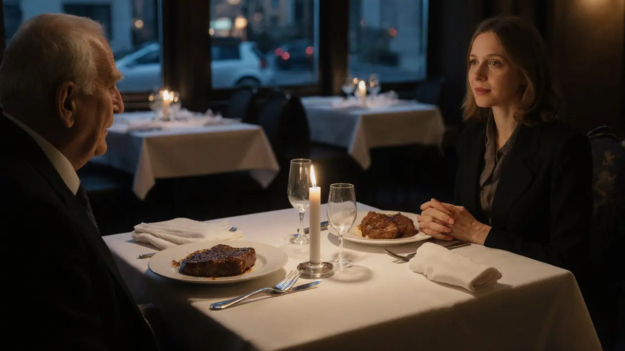 An older man sitting at a table set for two, with a companion offering quiet companionship.