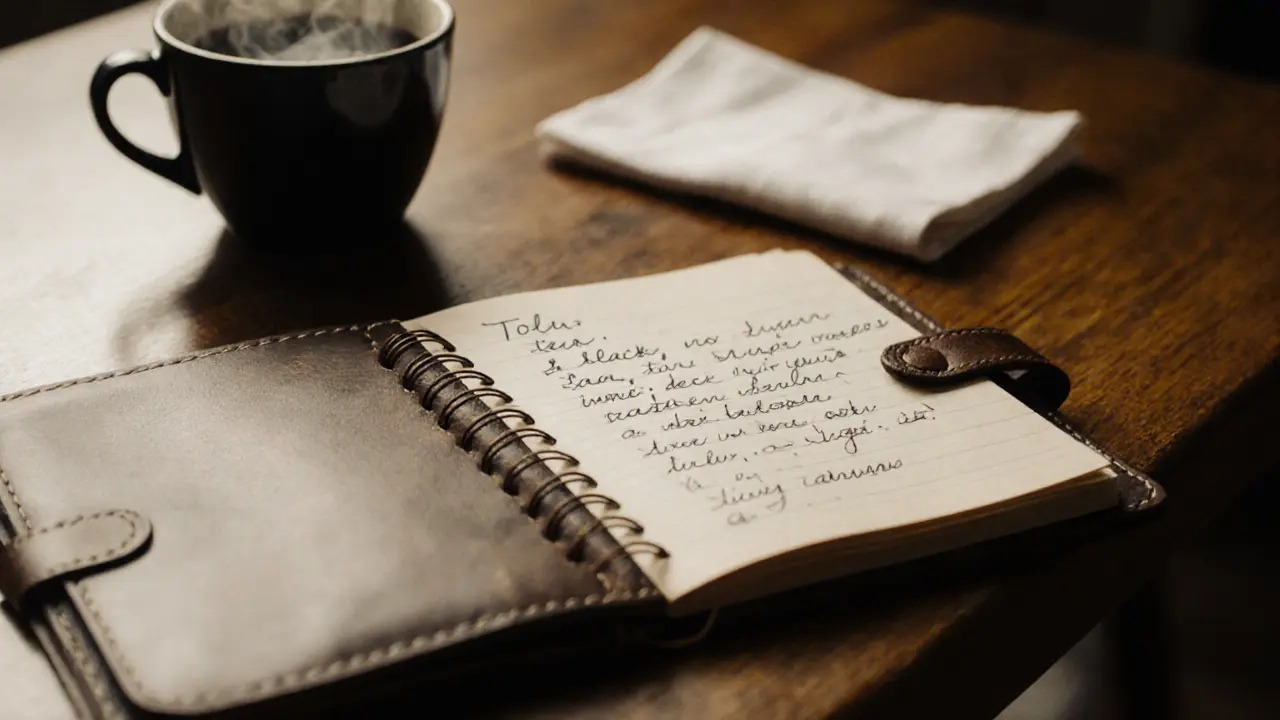 An open notebook with handwritten client details and a steaming cup of tea on a wooden table, symbolizing remembered care.