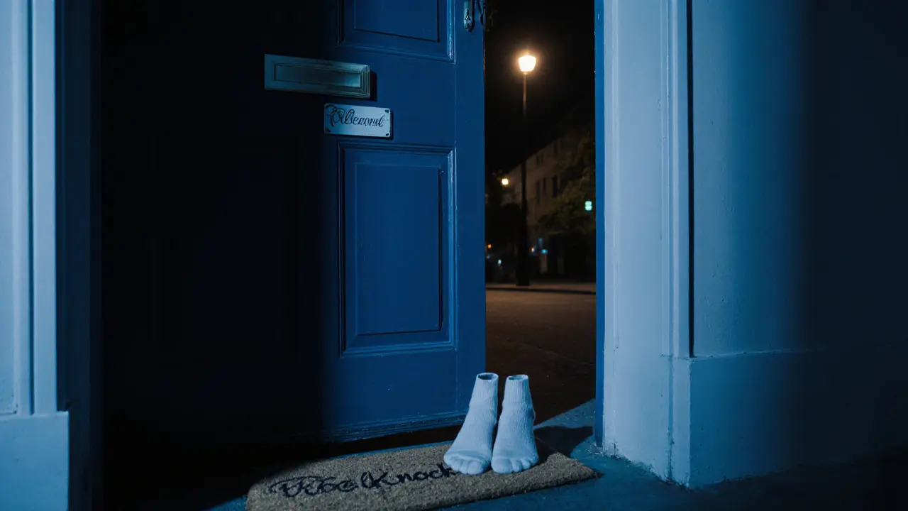 Bare feet on a welcome mat outside a closed door in a quiet, discreet home at dusk.
