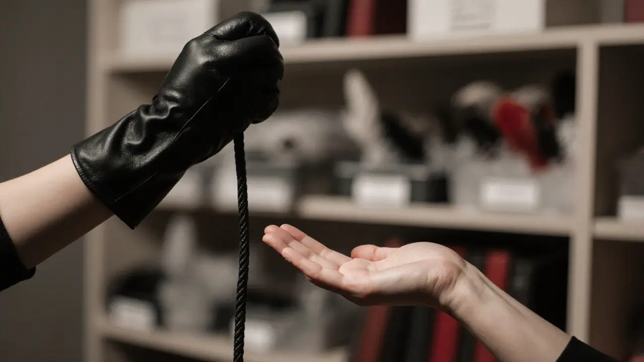 Black leather glove holding a silk rope, with bare hand in surrender, beside organized sensory tools on a shelf.