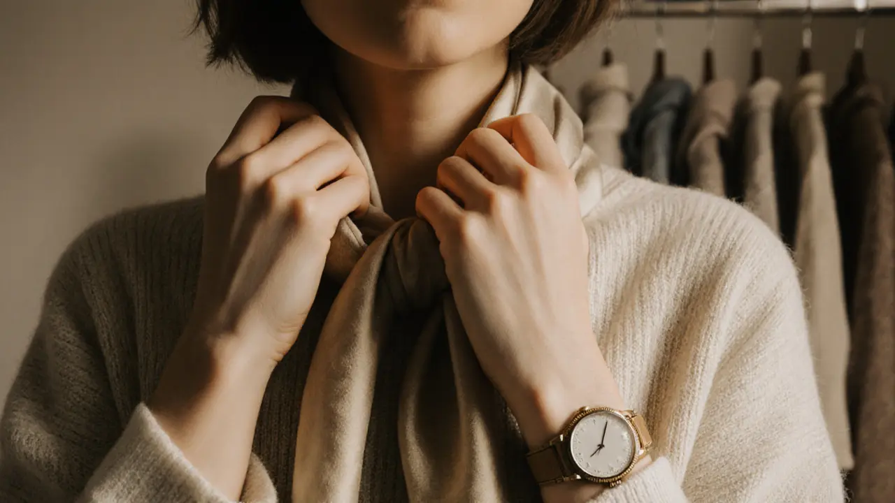 Close-up of hands adjusting a silk scarf, with natural fabrics and minimal jewelry, emphasizing subtlety and refined style.