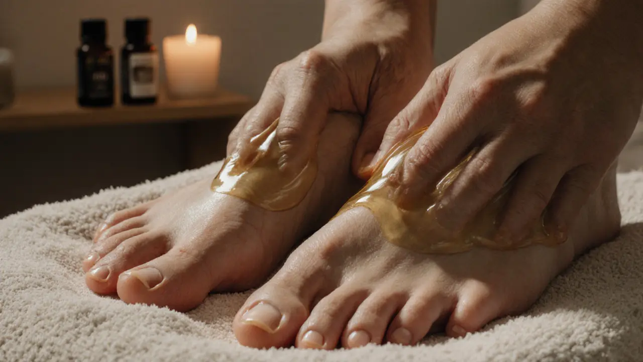 Close-up of hands massaging a bare foot with oil, emphasizing gentle touch and calm intimacy.