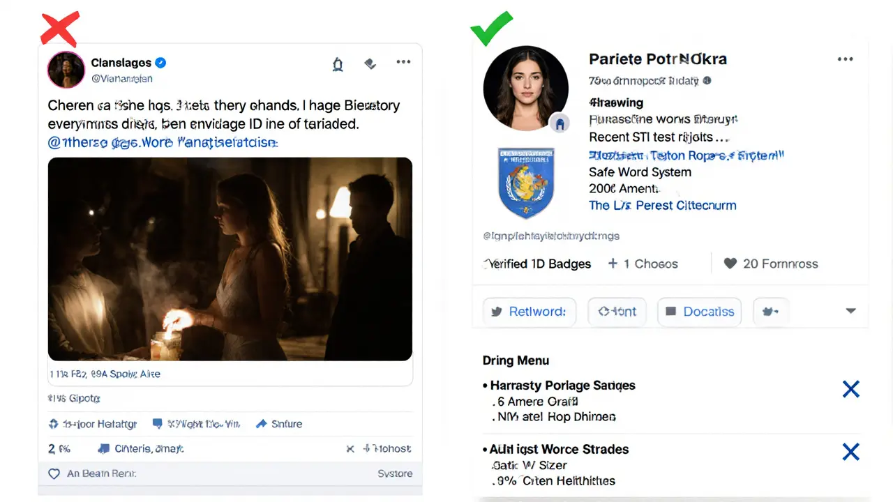 Contrast between a vague social media ad and a verified escort profile with health certs and clear service details.