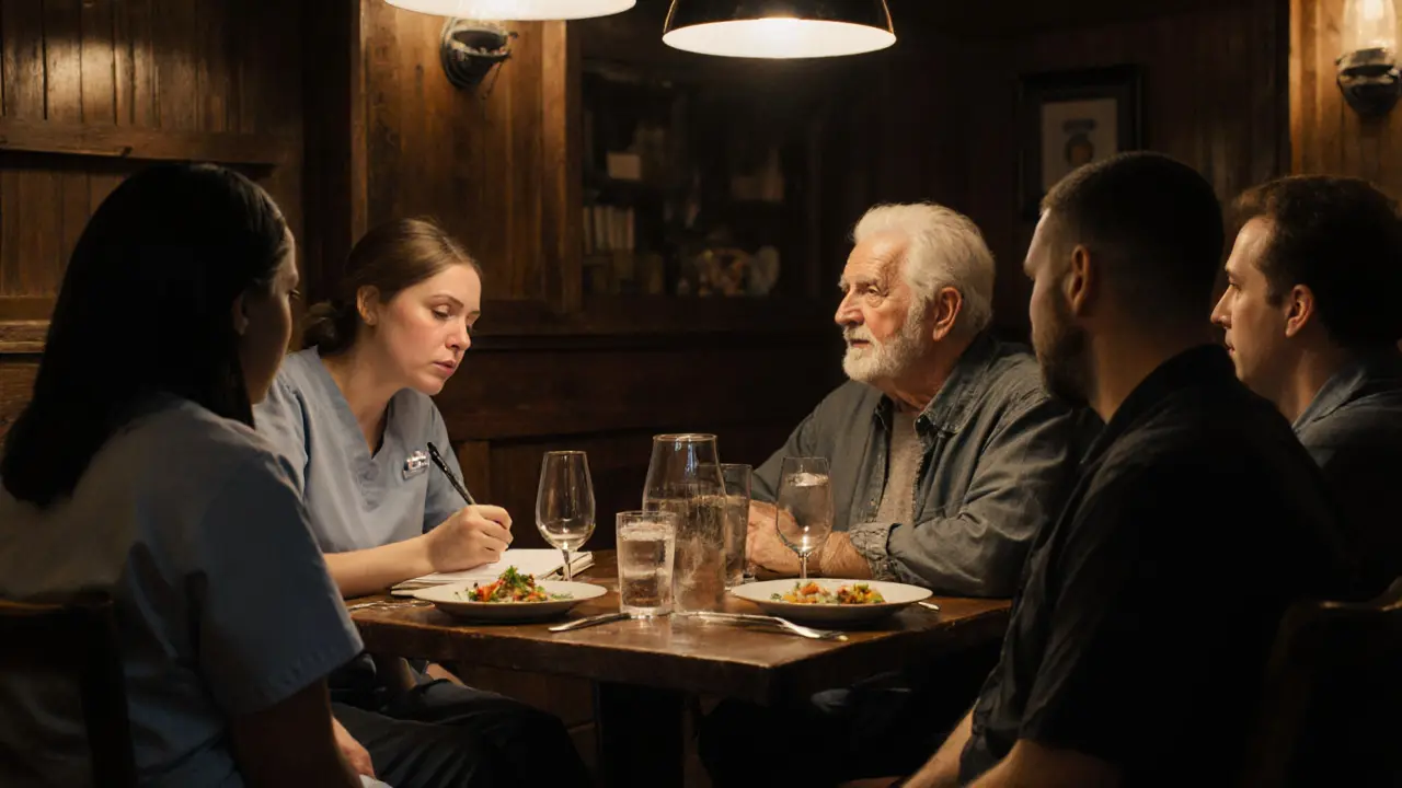 Diverse individuals enjoying calm meals with professional dinner companions in a warm pub.