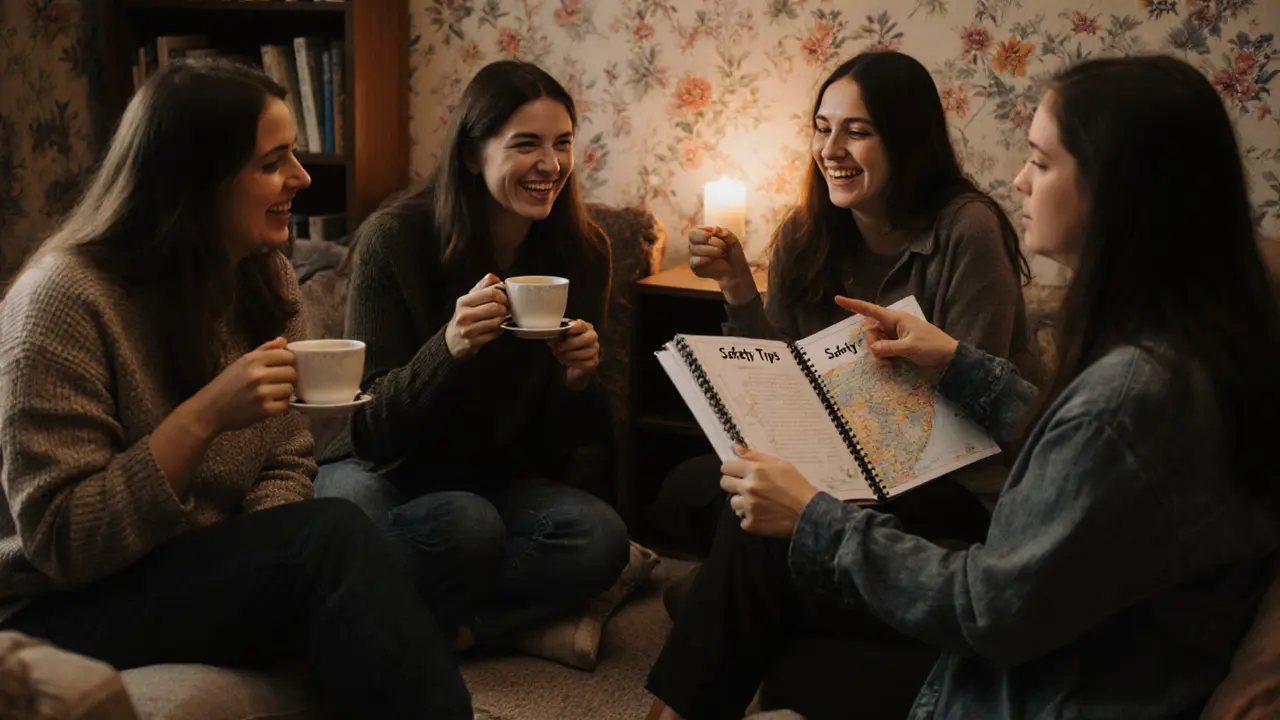 Four women sit in a circle in a cozy lounge, sharing tea and safety tips in quiet solidarity.