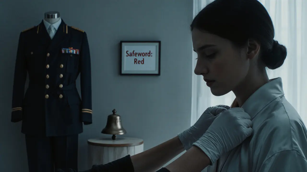 Gloved hands adjusting a robe, with a safeword note and uniform visible in the background.