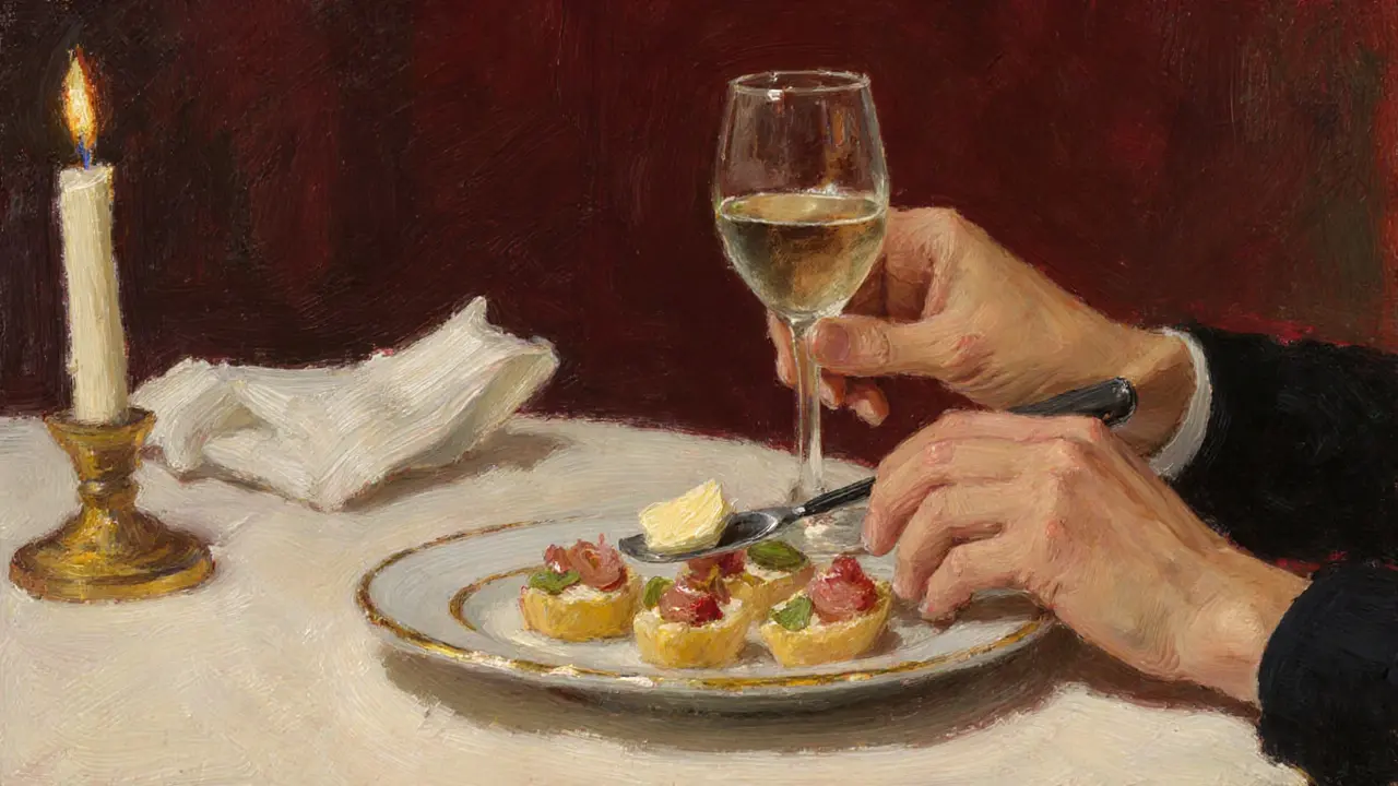 Hands at a formal dinner table, delicately handling wine and utensils with refined etiquette.