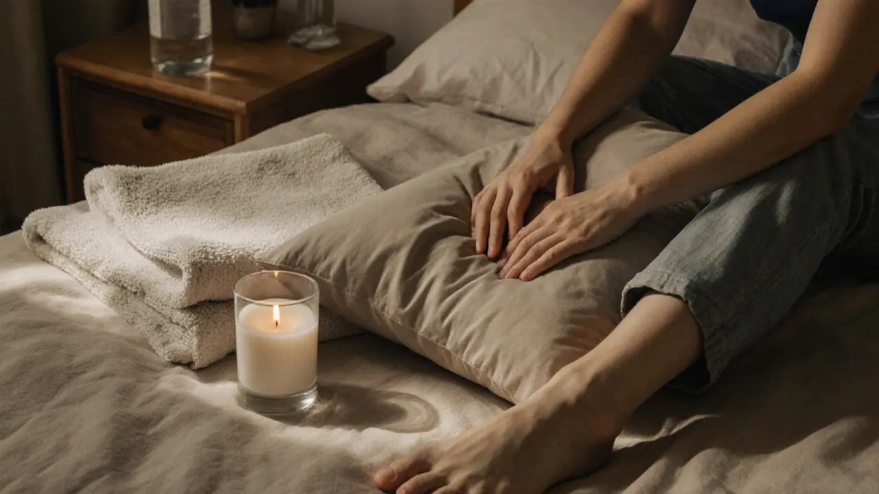 Hands holding a pillow near a candle and water bottle on a wooden nightstand.